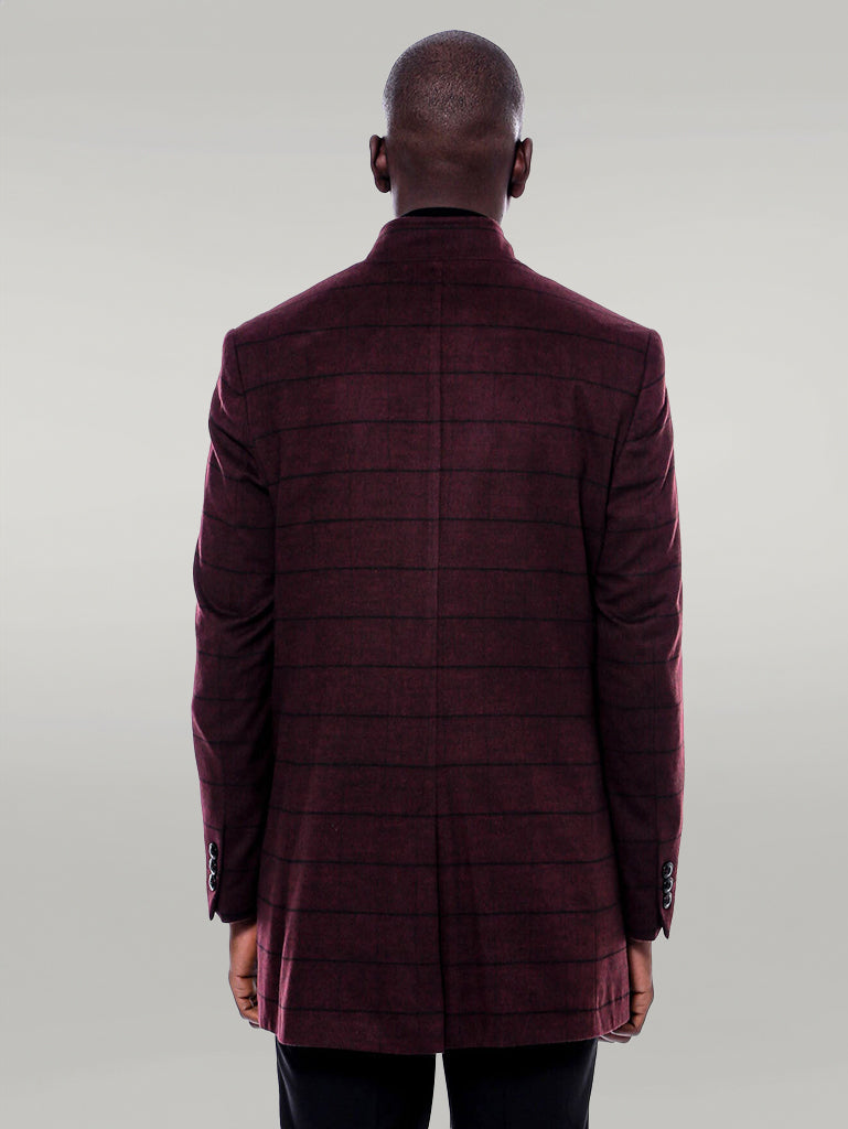 Mandarin Collar Burgundy Checked Coat