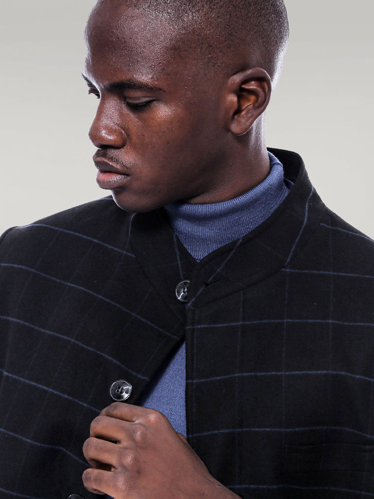 Mandarin Collar Black Checked Coat