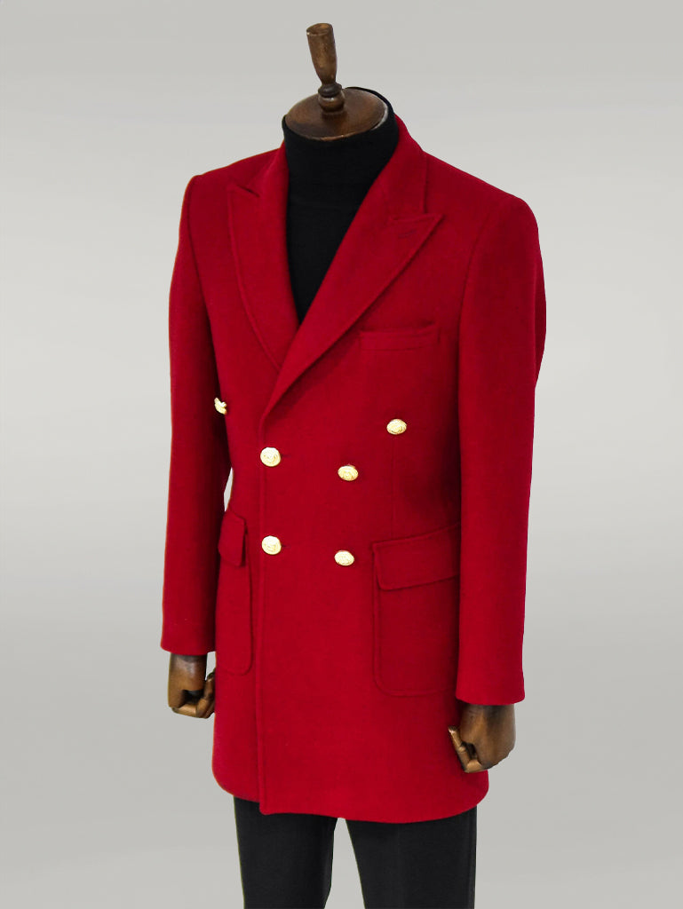 Metal Buttoned Double Breasted Burgundy Men Coat