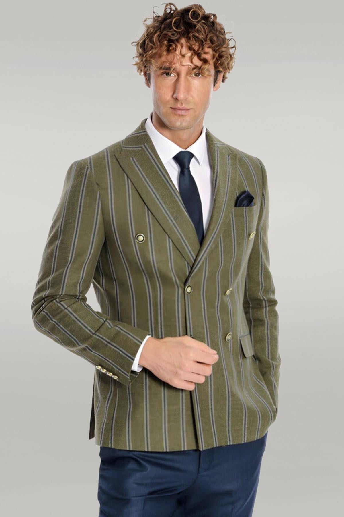 Wide Lapel Striped Double Breasted Green Men Blazer