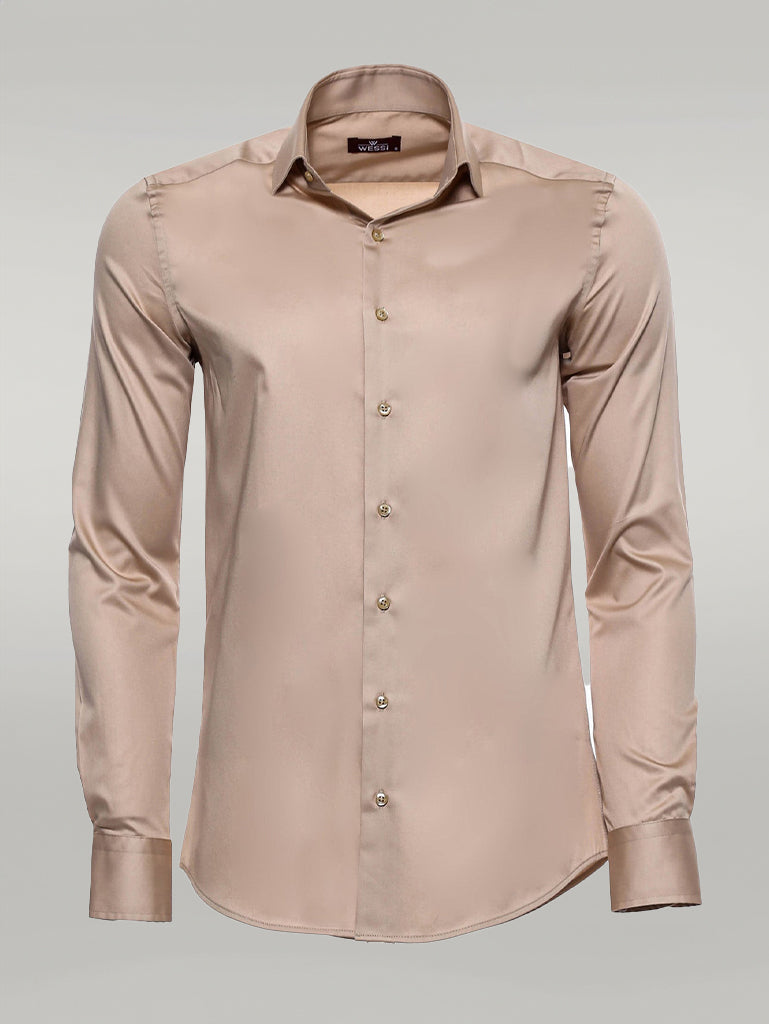 KOALA SYDNEY Cotton Satin Plain Long Sleeves Slim Fit Beige Men Shirt -