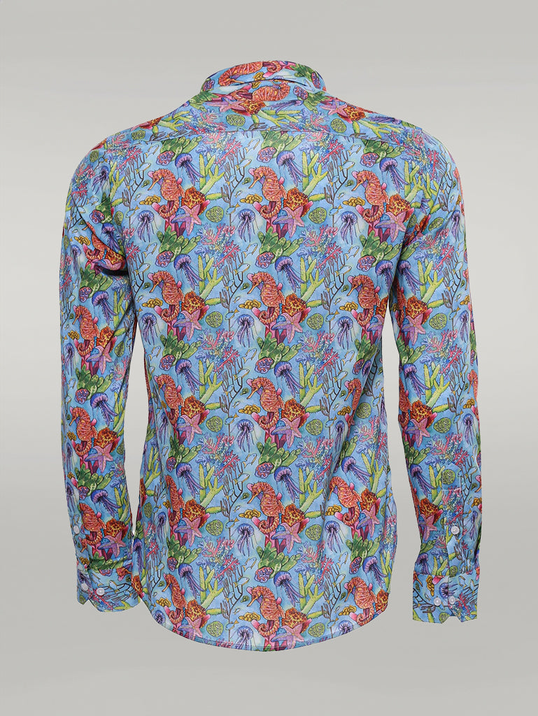 KOALA SYDNEY Red Floral Patterned Slim-Fit Long Sleeves Navy Blue Shirt -