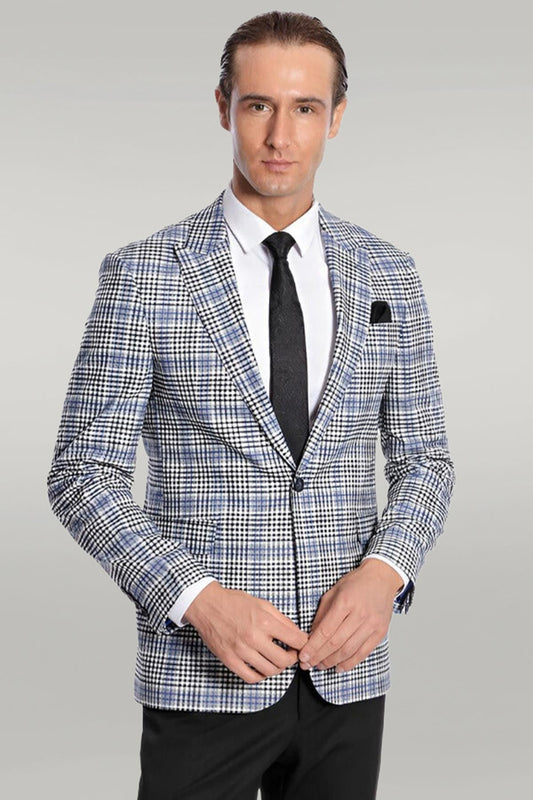 Plaid Slim-Fit Blue Black Men Blazer