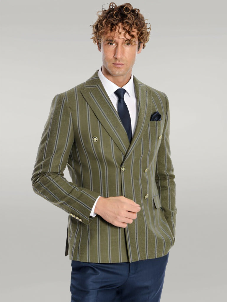 Wide Lapel Striped Double Breasted Green Men Blazer