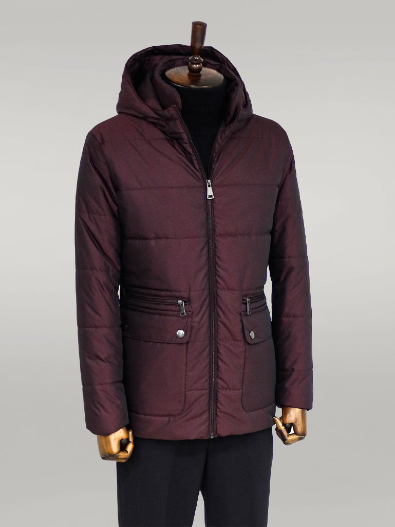 Slim Fit Hooded Burgundy Men Coat