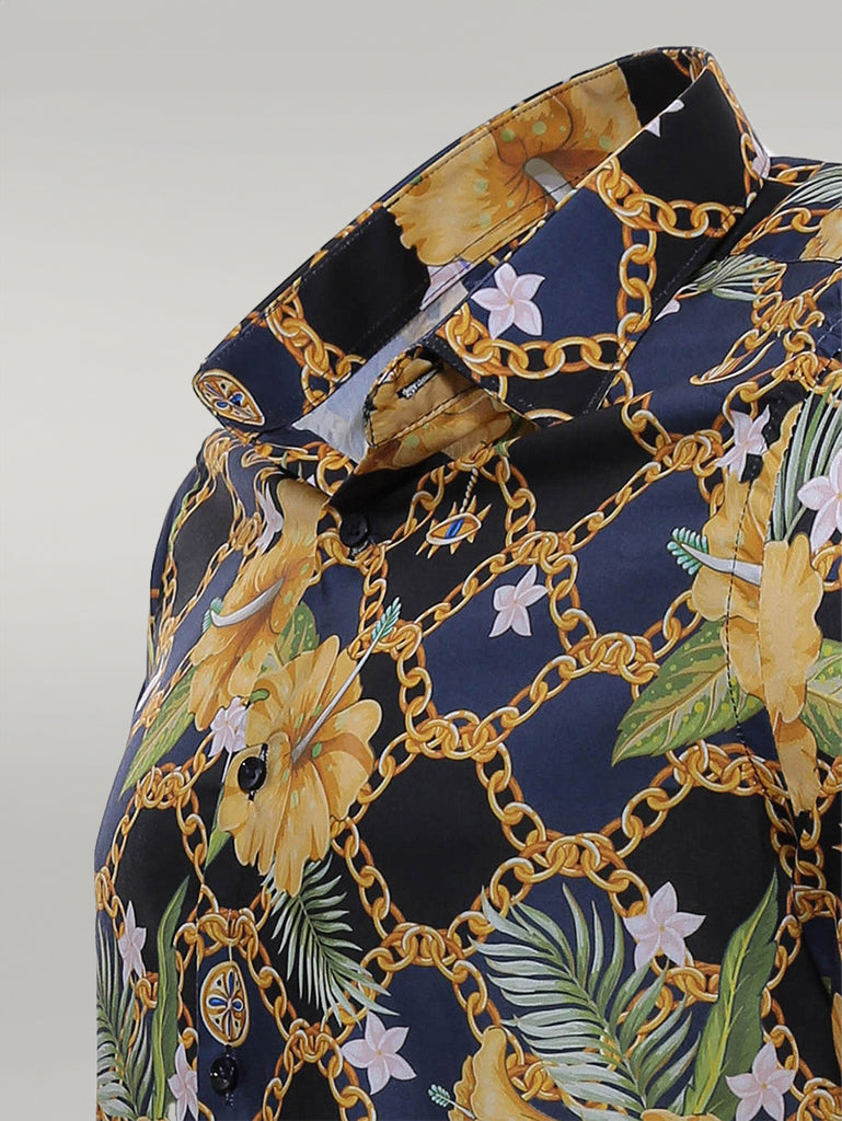 KOALA SYDNEY Colorful Floral Patterned Slim Fit Long Sleeves Navy Blue Men Shirt -