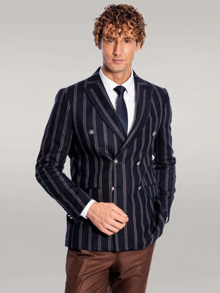 Wide Lapel Striped Double Breasted Navy Blue Men Blazer