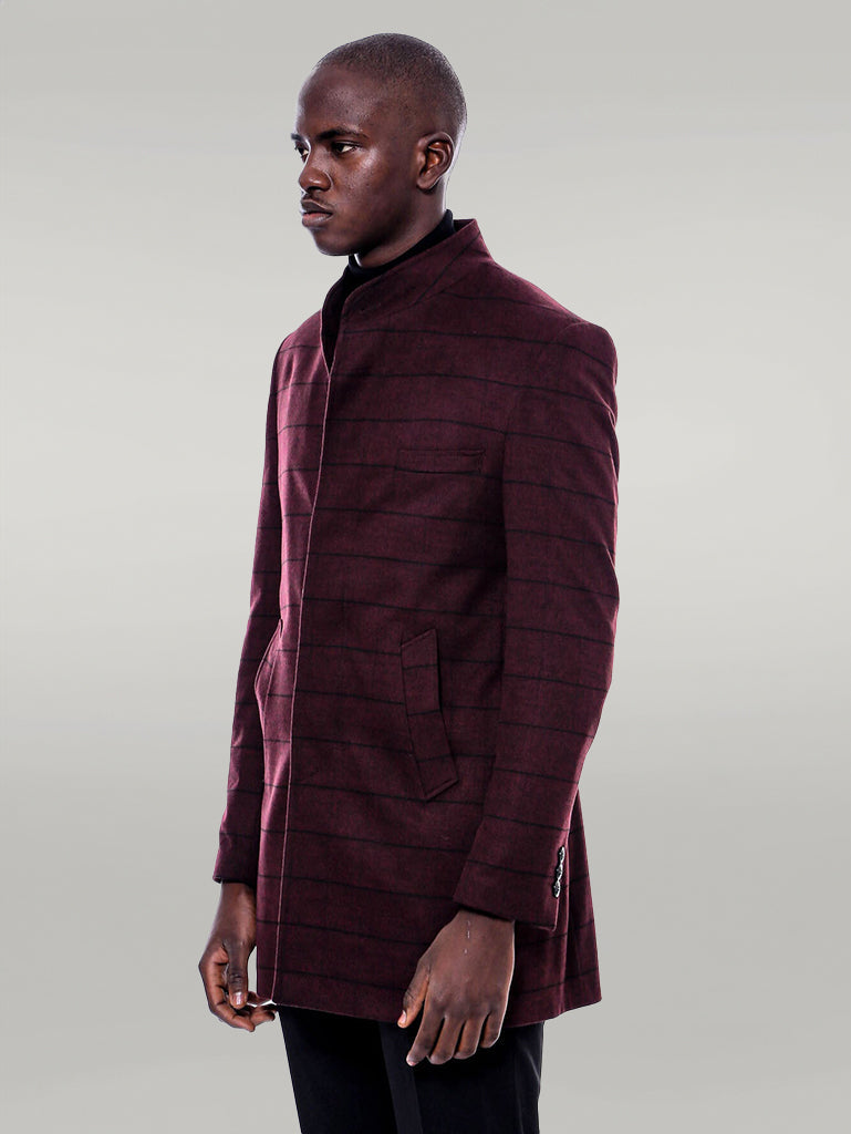 Mandarin Collar Burgundy Checked Coat