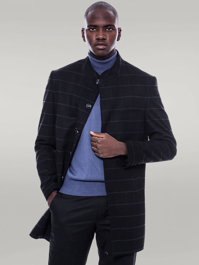 Mandarin Collar Black Checked Coat