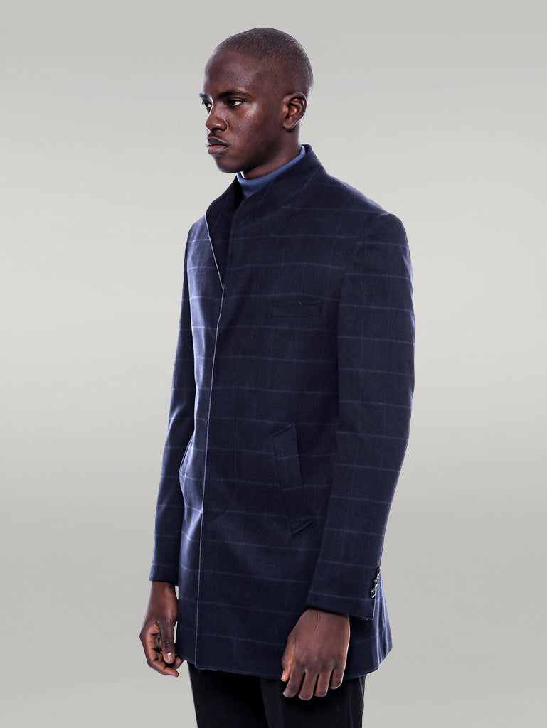 Mandarin Collar Navy Checked Coat
