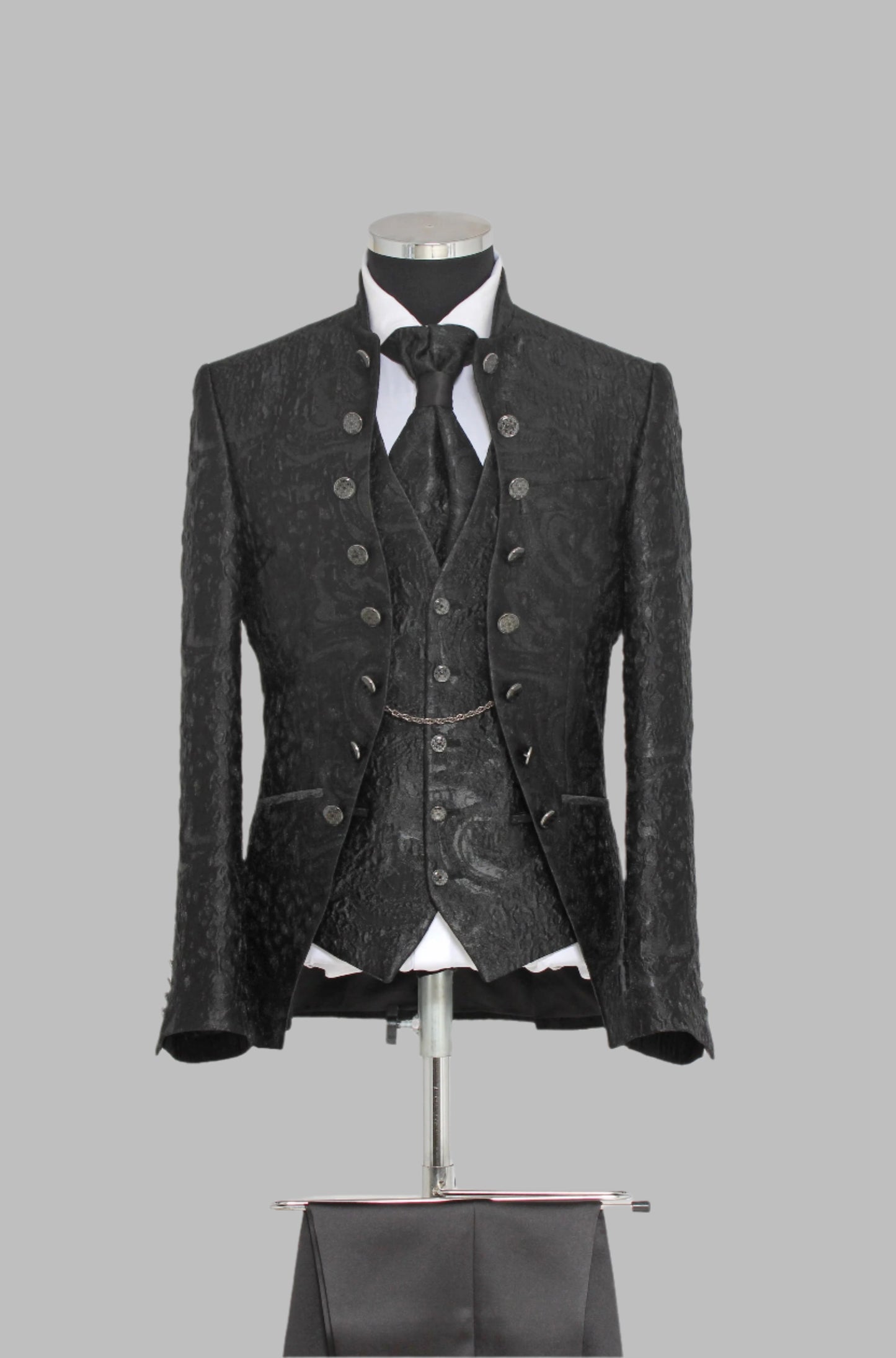 KOALA SYDNEY 3 Piece Textured Jacquard Mandarin Collar Black Men Tuxedo – Wessi