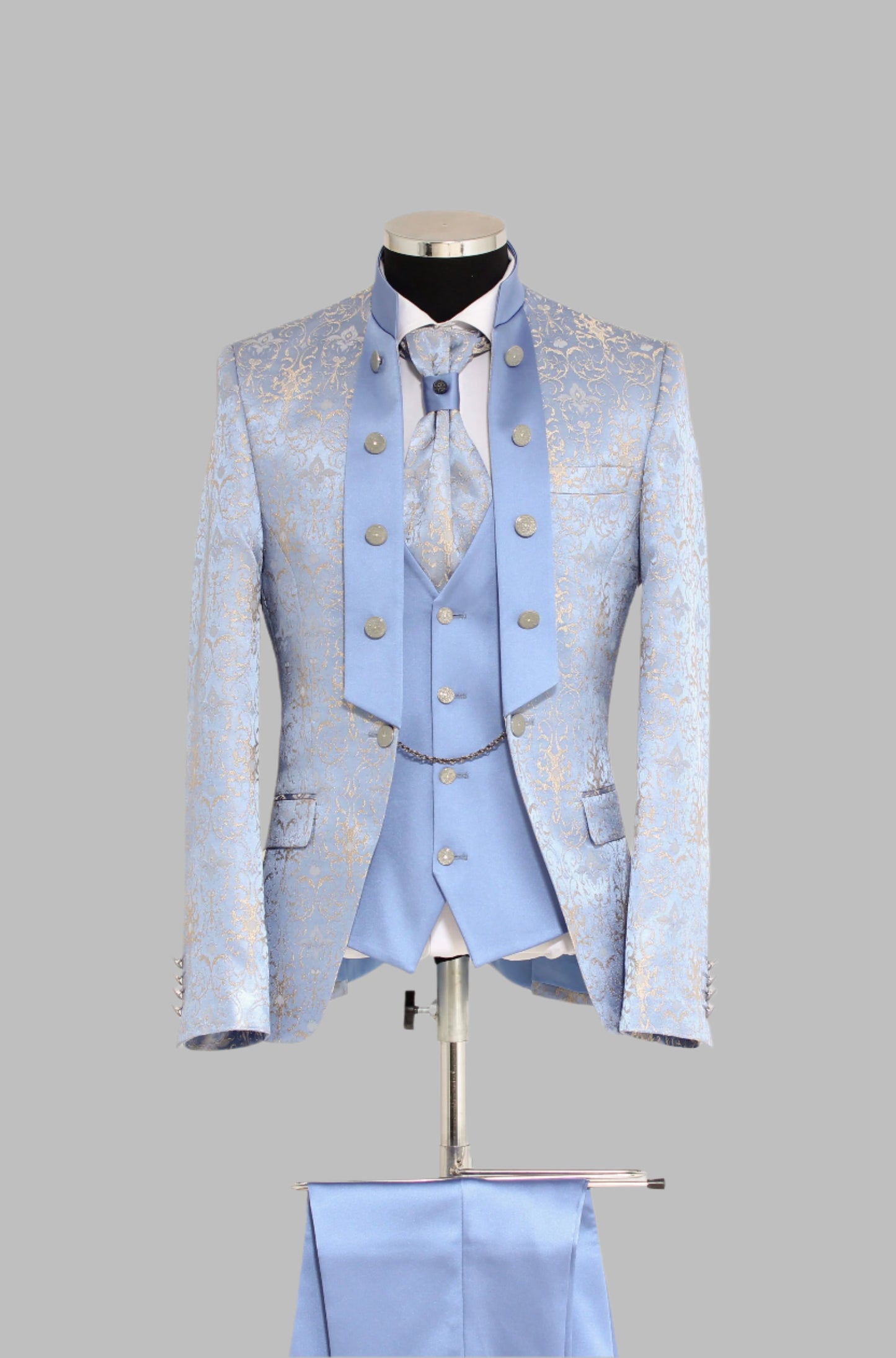 3 Piece Metallic Jacquard Mandarin Collar Baby Blue Men Tuxedo – Wessi