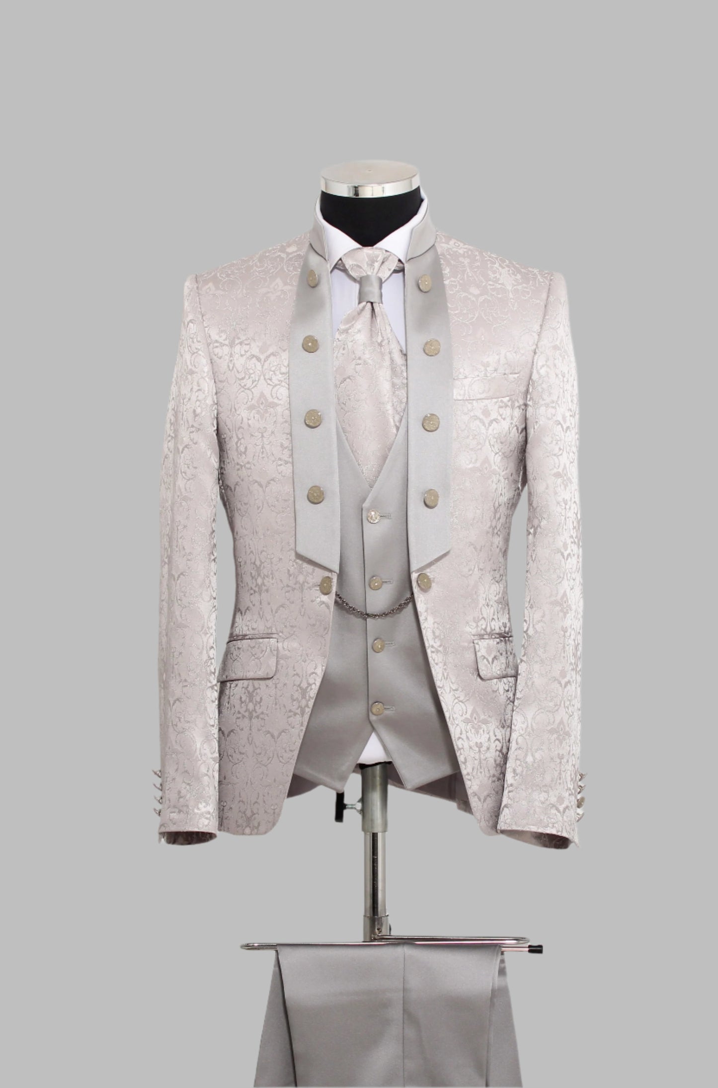 3 Piece Metallic Jacquard Mandarin Collar Pale Silver Grey Tuxedo – Wessi