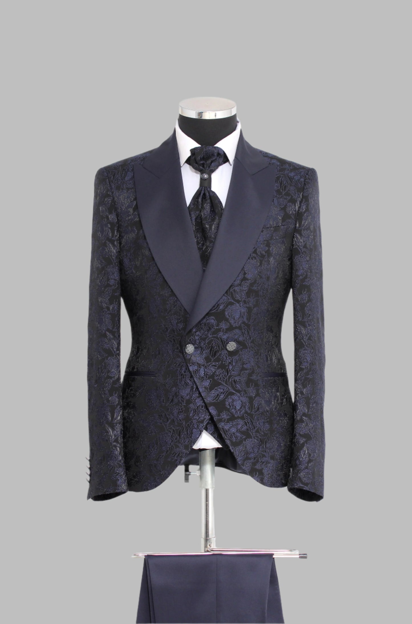 3 Piece Floral Jacquard Wide Satin Shawl Lapel Navy Blue Men Tuxedo – Wessi