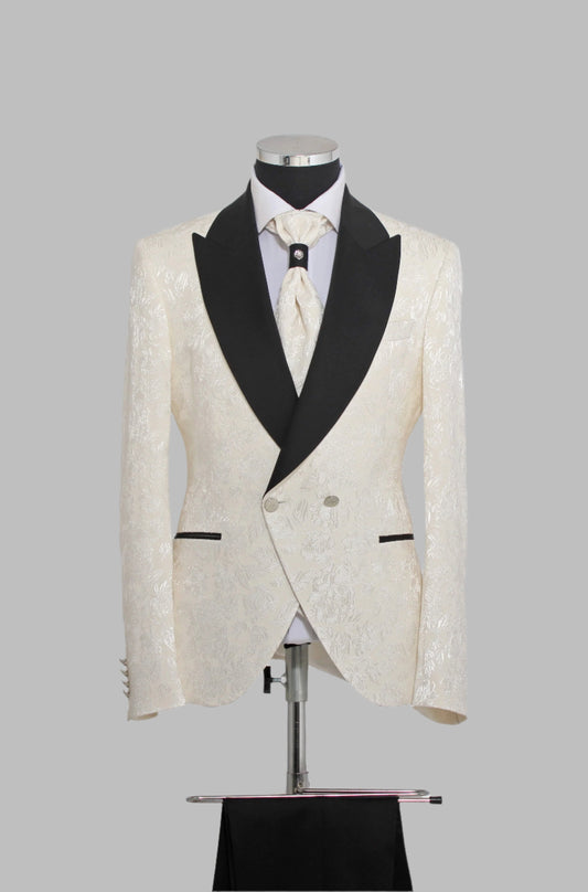 3 Piece Floral Jacquard Black Wide Satin Shawl Lapel Cream Men Tuxedo – Wessi
