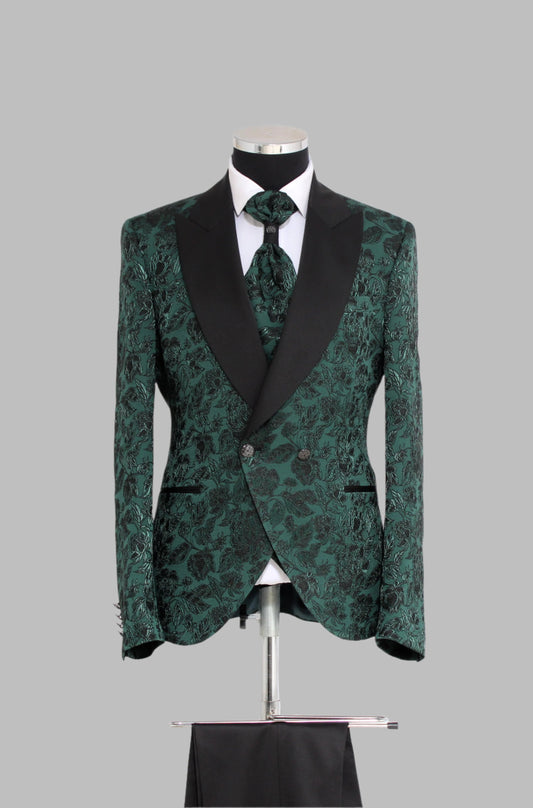 3 Piece Floral Jacquard Black Wide Satin Shawl Lapel Emerald Green Men Tuxedo – Wessi