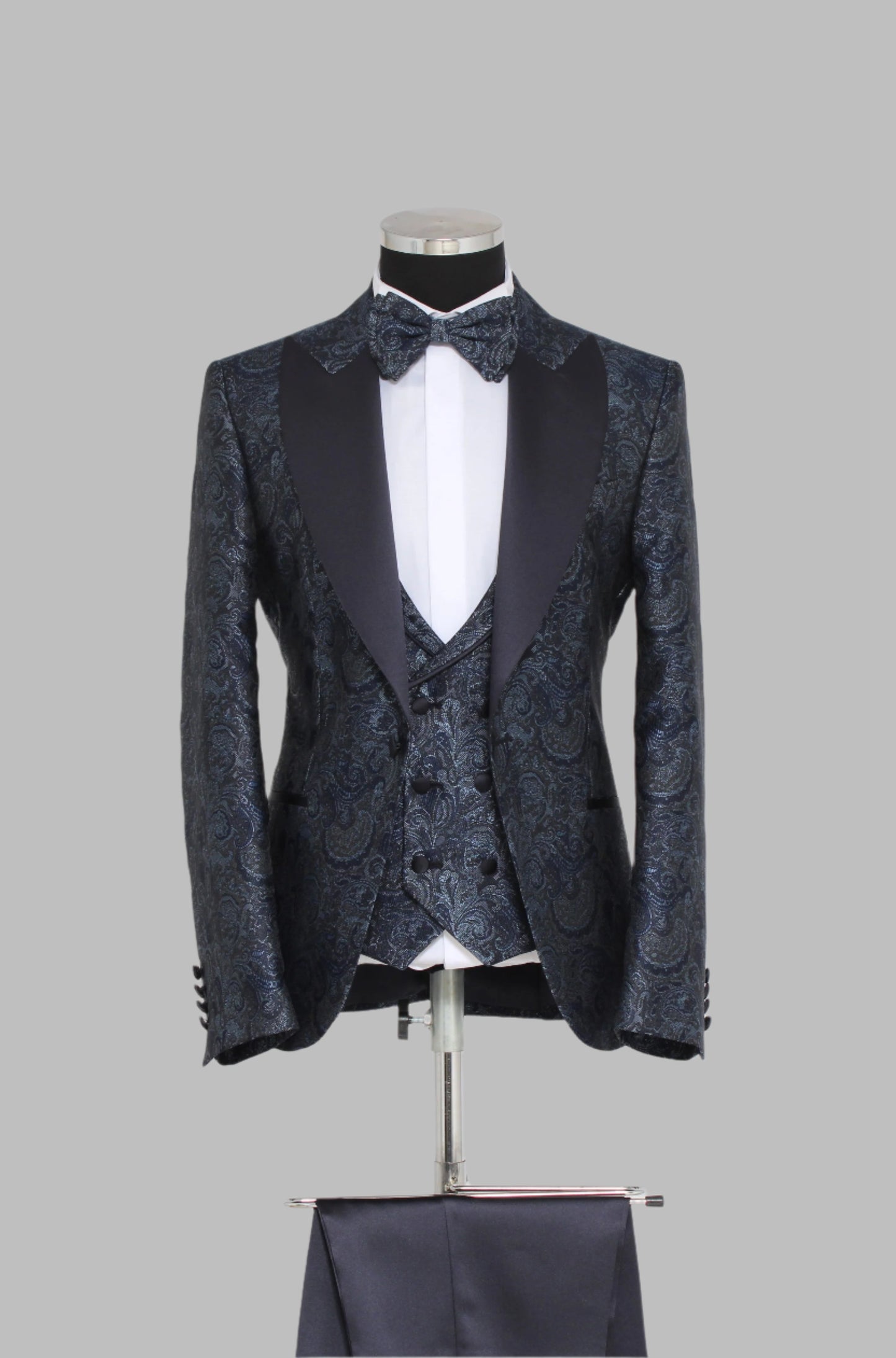 3 Piece Wide Satin Shawl Lapel Paisley Patterned Navy Blue Men Tuxedo – Wessi