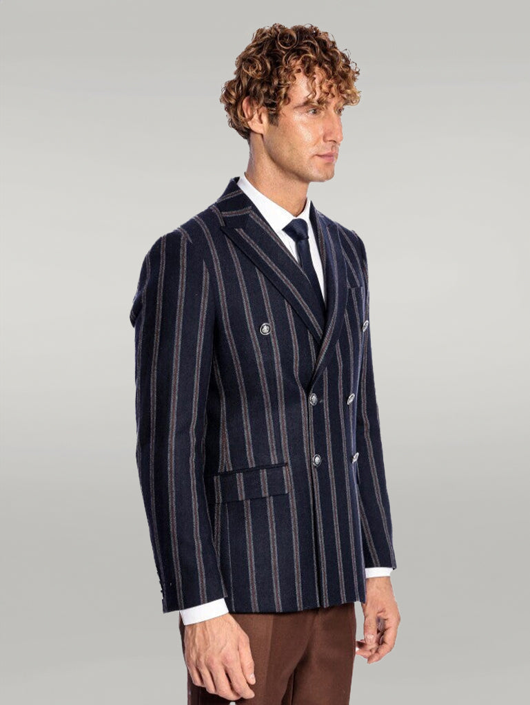 Wide Lapel Striped Double Breasted Navy Blue Men Blazer