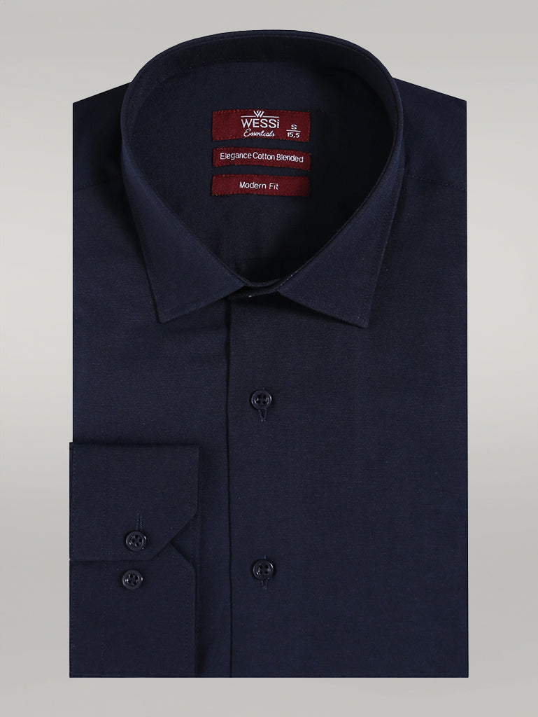 Plain Long Sleeves Regular Fit Navy Blue Men Shirt - Wessi
