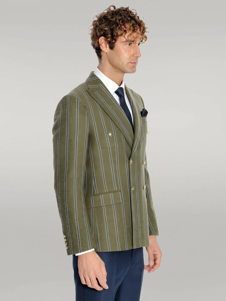 Wide Lapel Striped Double Breasted Green Men Blazer