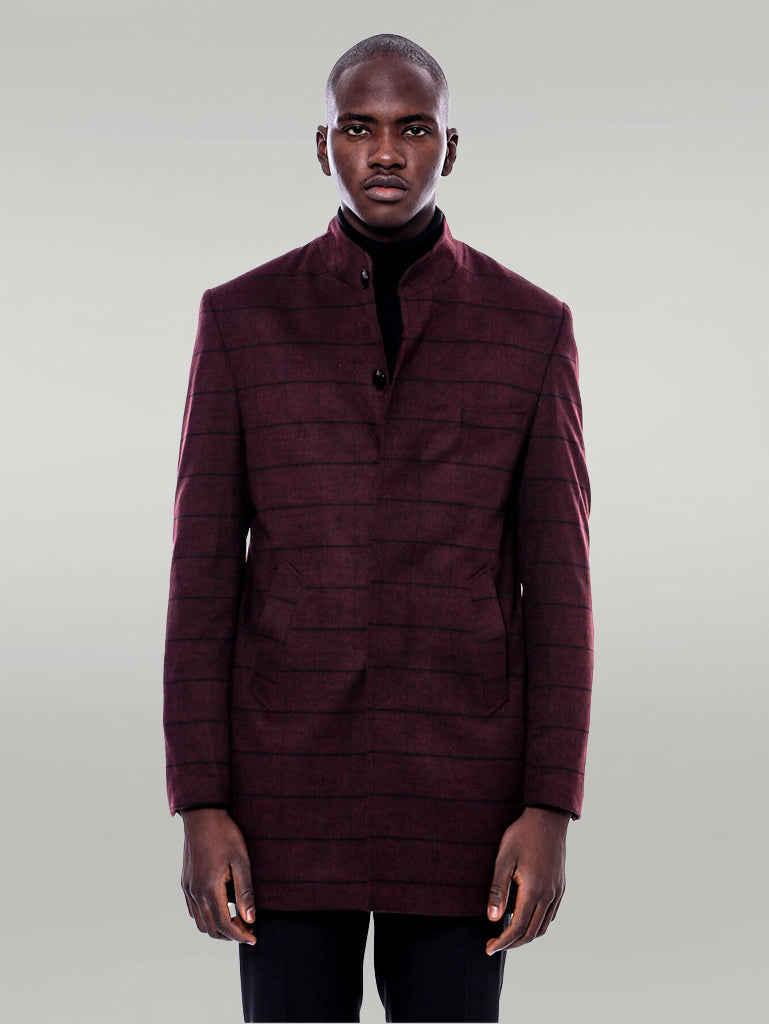 Mandarin Collar Burgundy Checked Coat