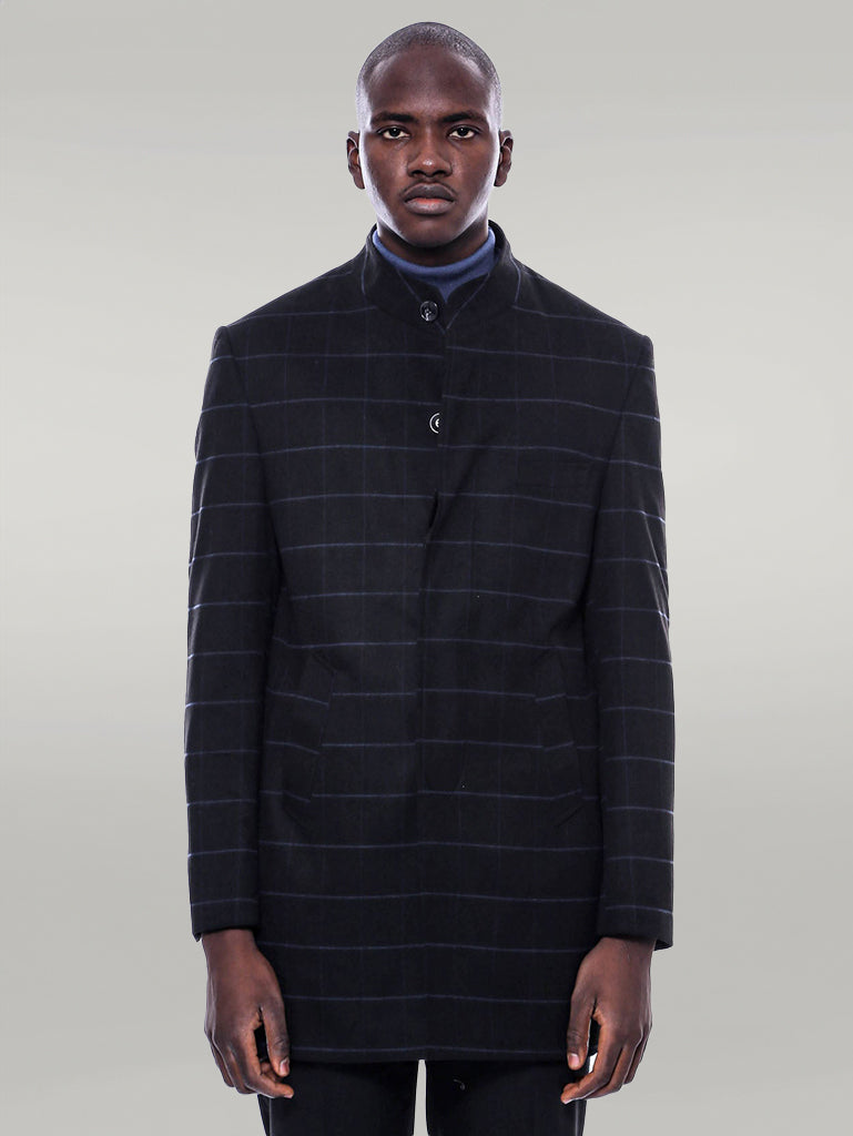Mandarin Collar Black Checked Coat
