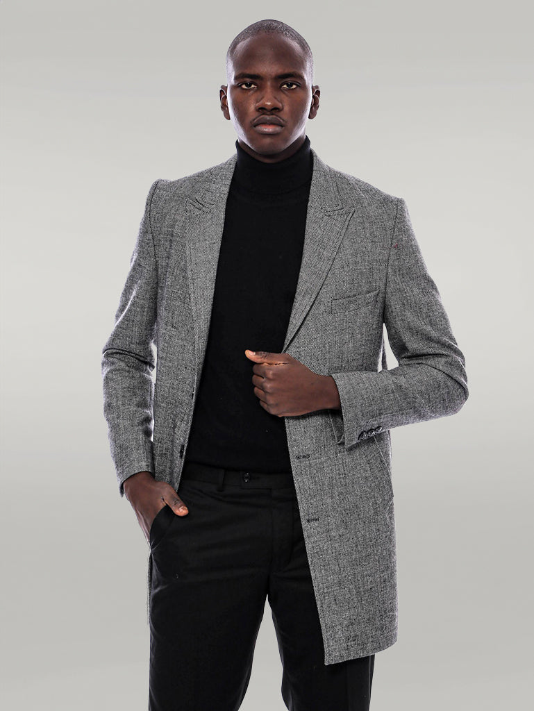 Peak Lapel Grey Men Short Coat