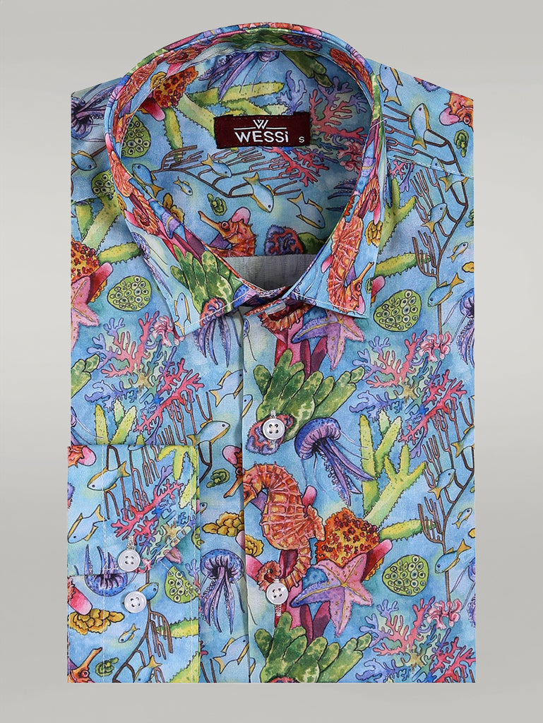 KOALA SYDNEY Red Floral Patterned Slim-Fit Long Sleeves Navy Blue Shirt -