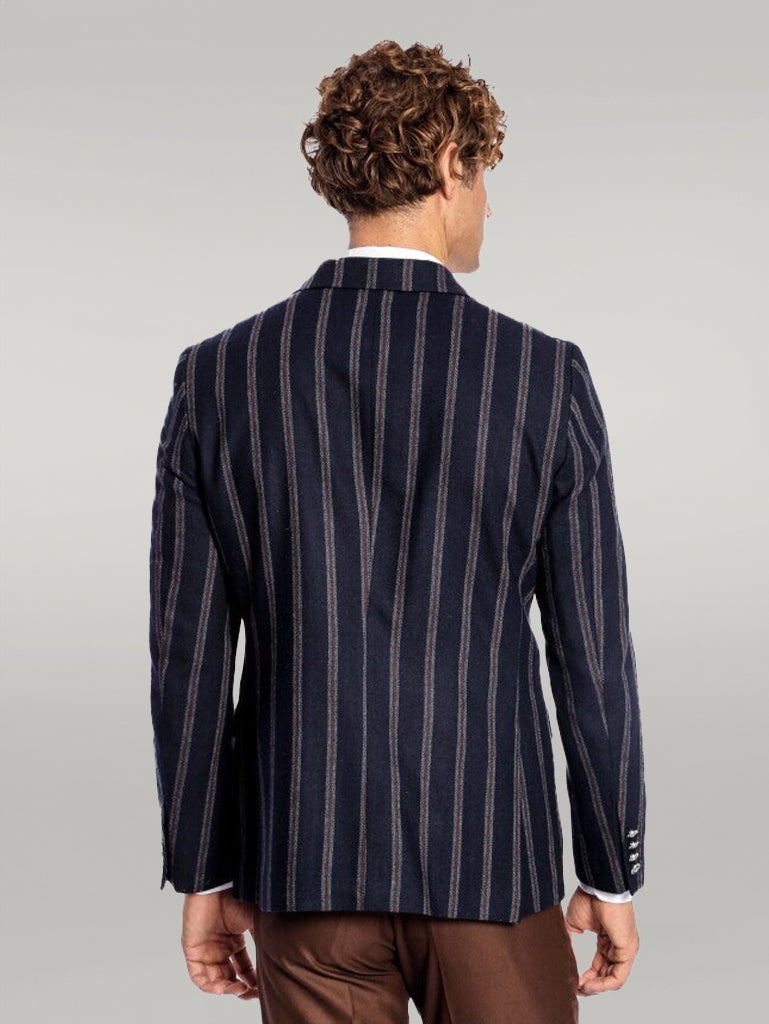Wide Lapel Striped Double Breasted Navy Blue Men Blazer