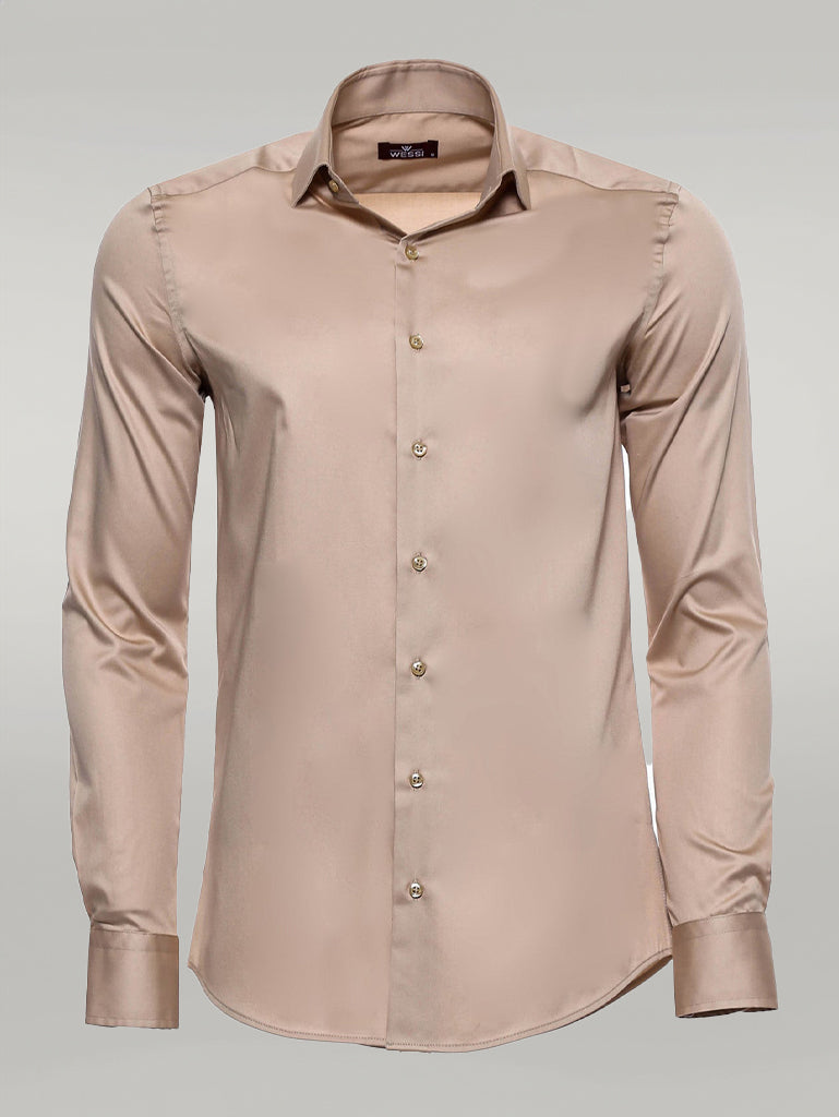 KOALA SYDNEY Cotton Satin Plain Long Sleeves Slim Fit Beige Men Shirt -