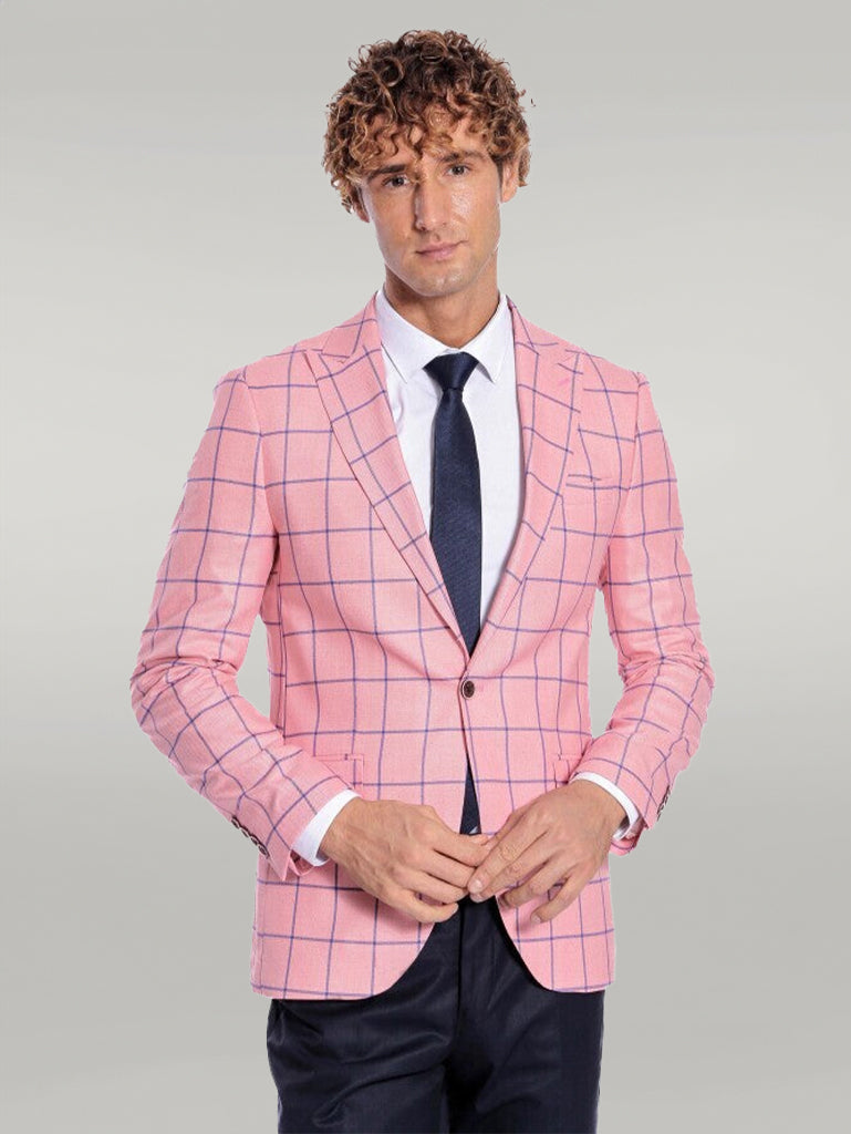 KOALA SYDNEY Blue Plaid Patterned Slim Fit Pink Men Blazer