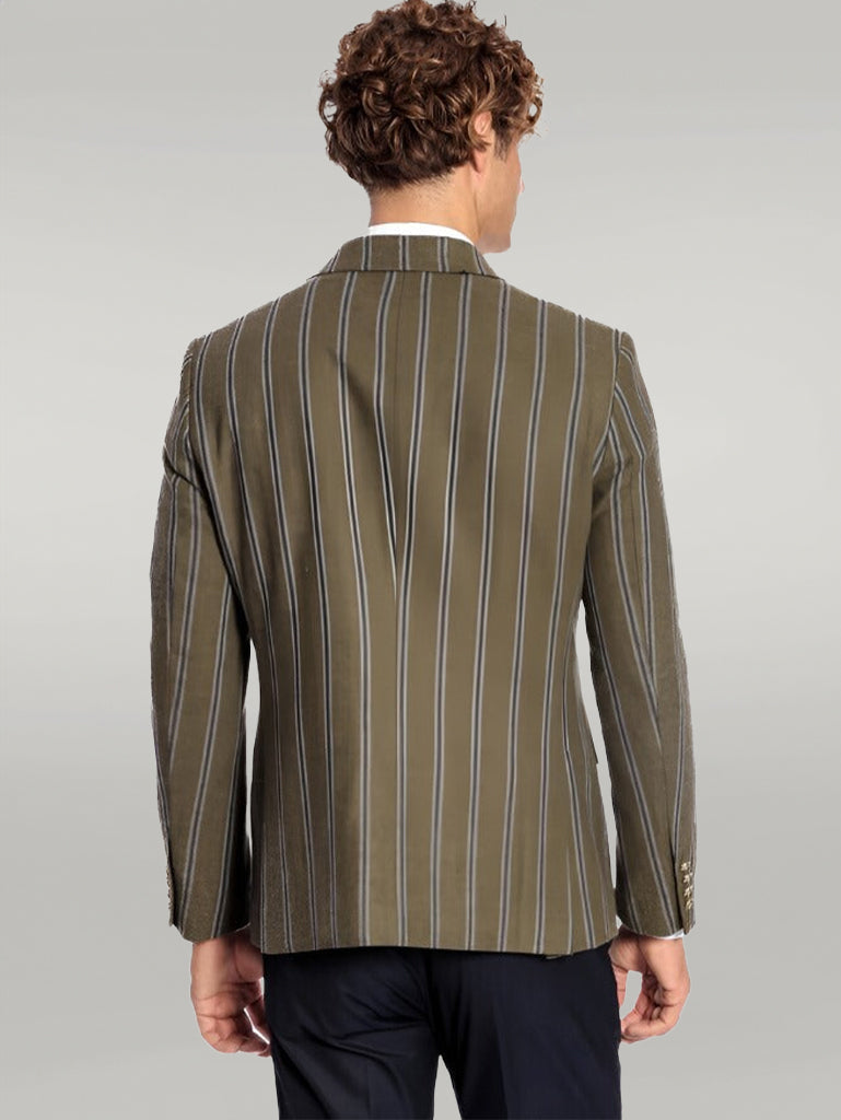 Wide Lapel Striped Double Breasted Green Men Blazer