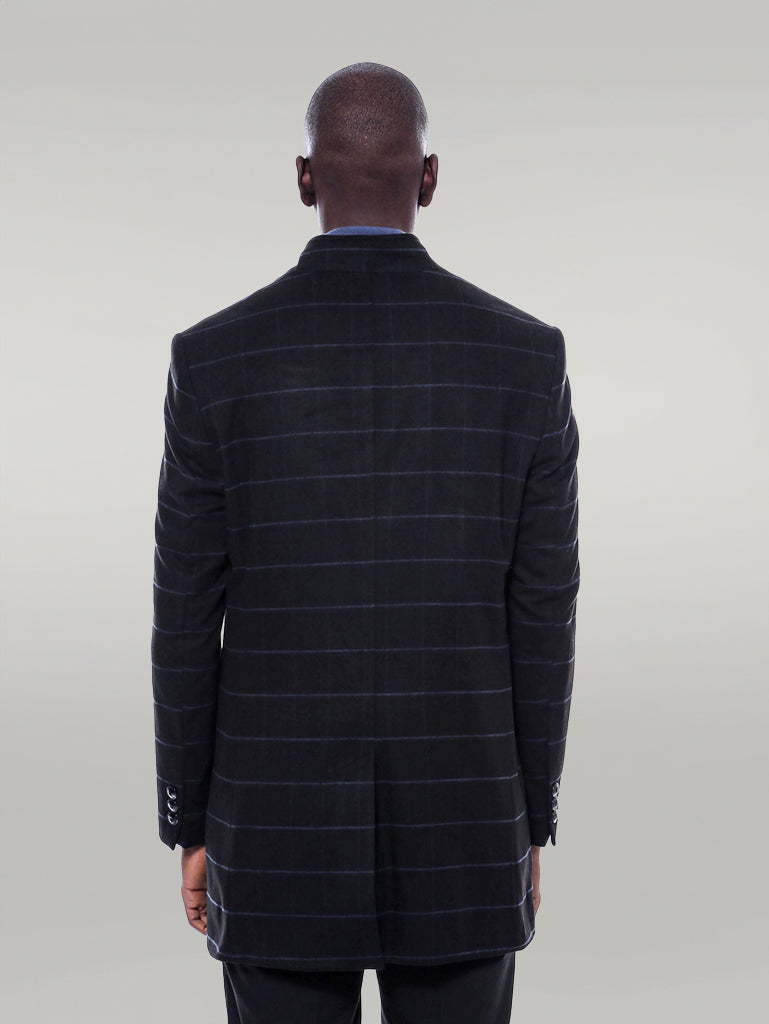 Mandarin Collar Black Checked Coat