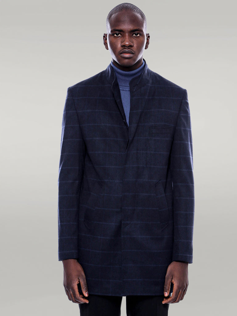 Mandarin Collar Navy Checked Coat