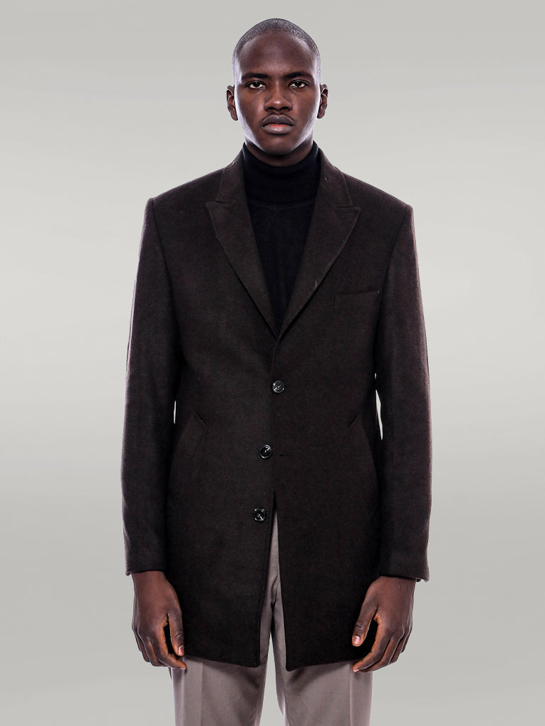 Wide Pointed Collar Over Knee Brown Men Coat