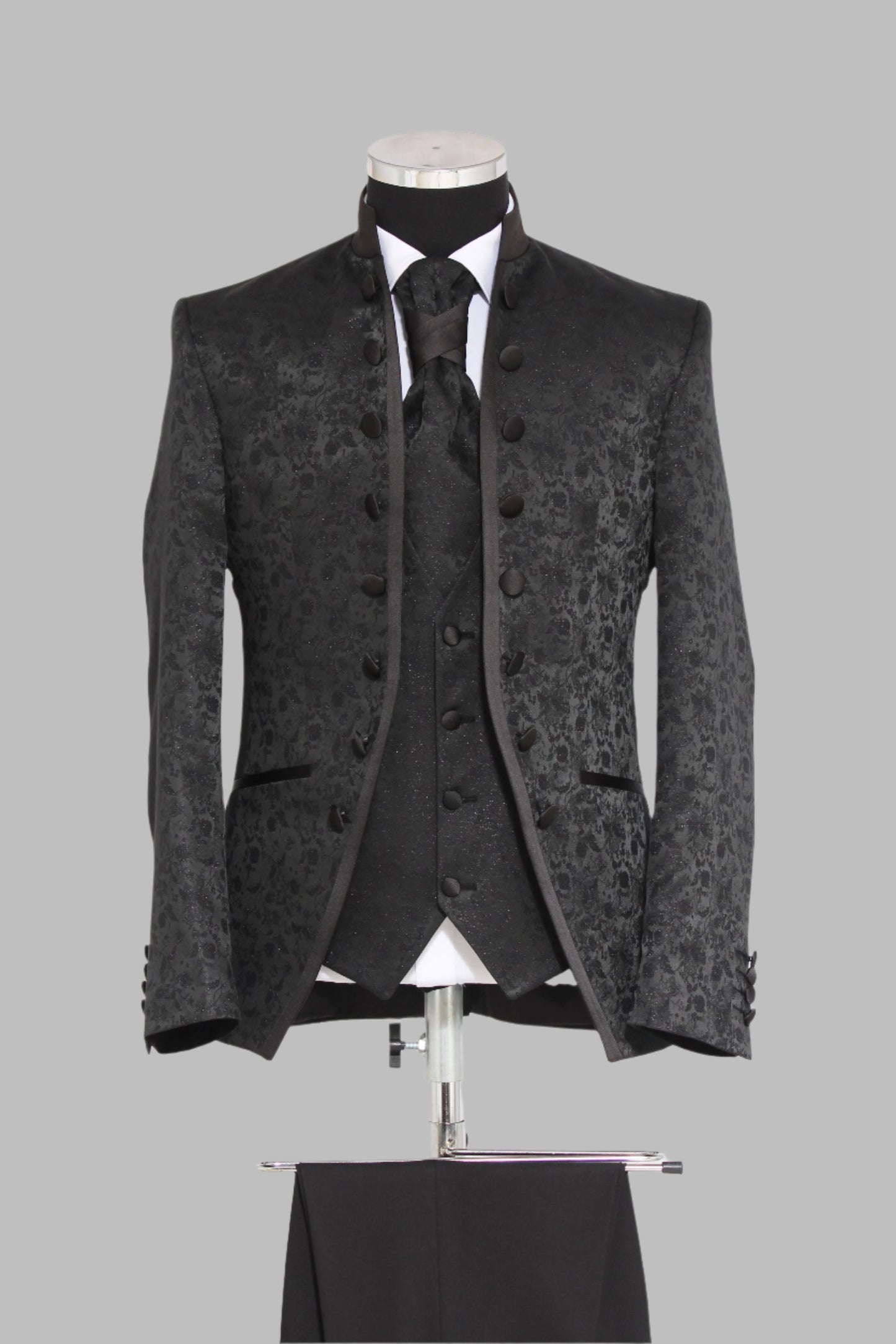 KOALA SYDNEY 3-Piece Shiny Floral Patterned Mandarin Collar Black Men's Tuxedo with Bow Tie -