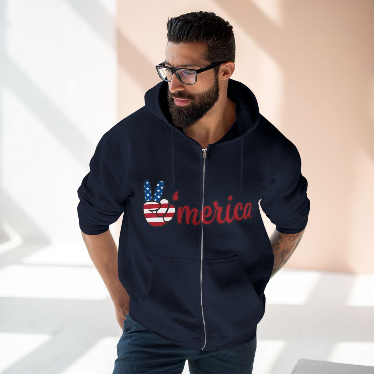 Patriotic Peace Zip Hoodie - Unisex American Flag Design