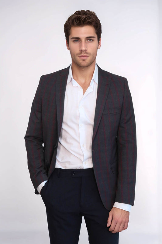 Checked Slim-Fit Dark Grey Men Blazer