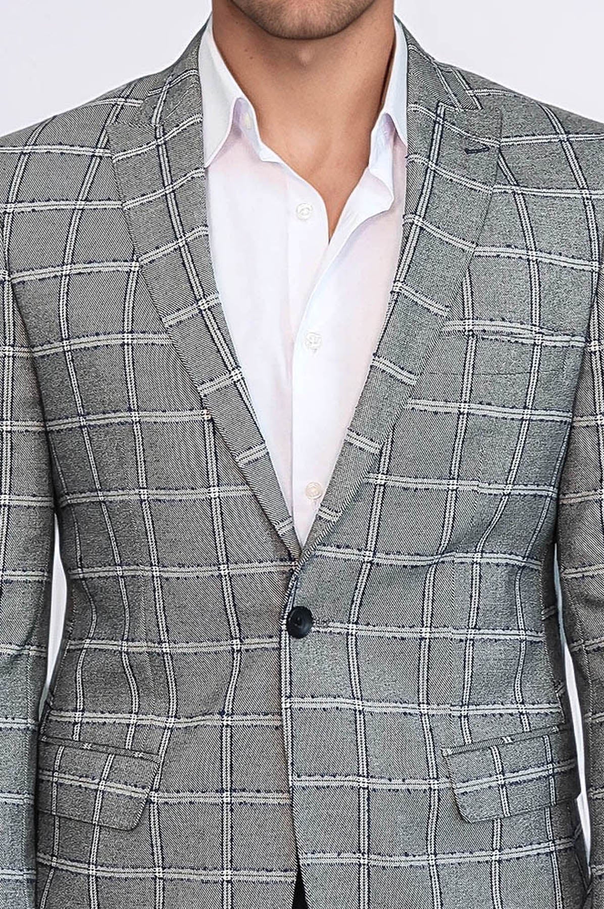 Checked Slim-Fit Grey Men Blazer