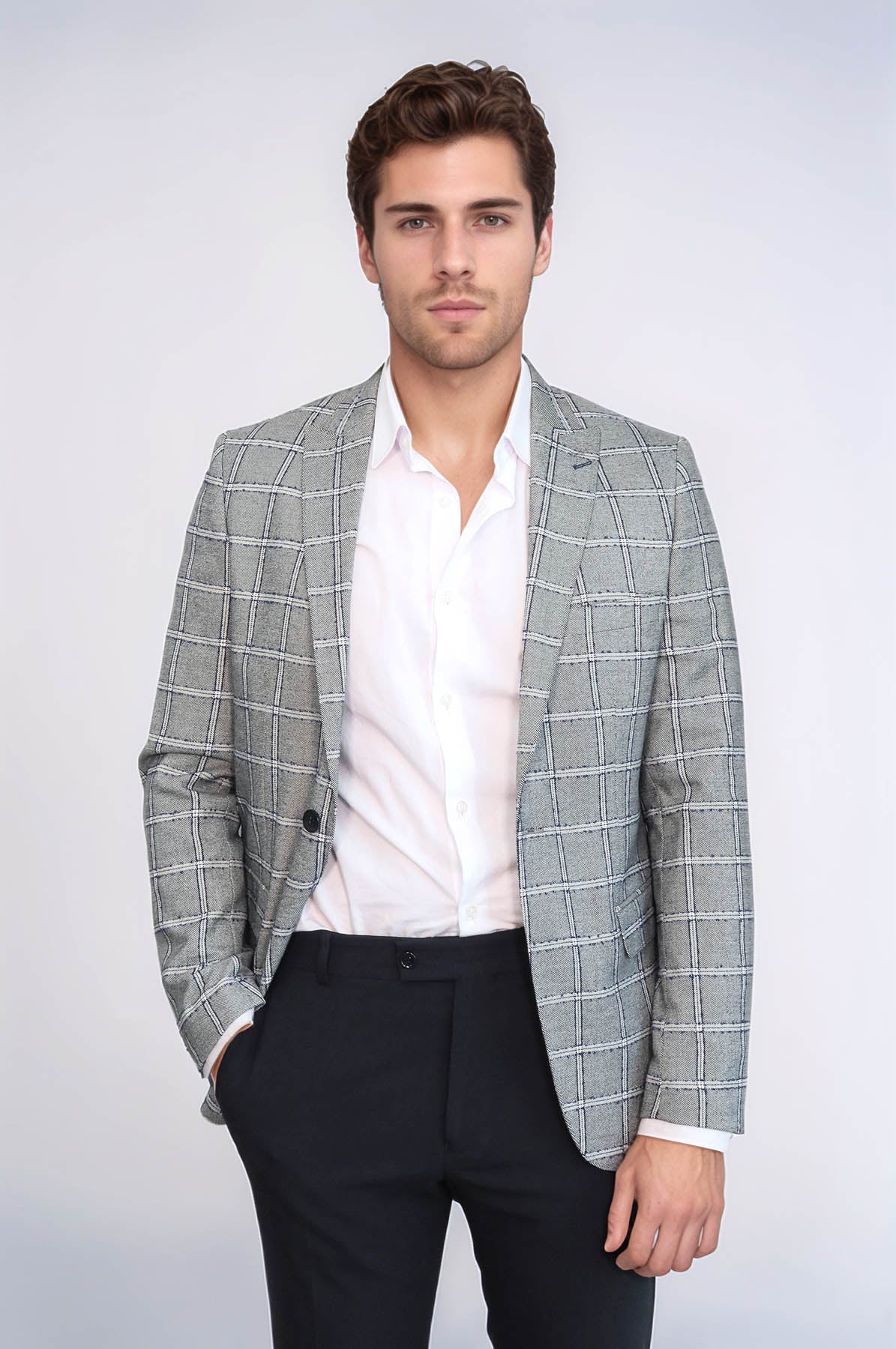 Checked Slim-Fit Grey Men Blazer