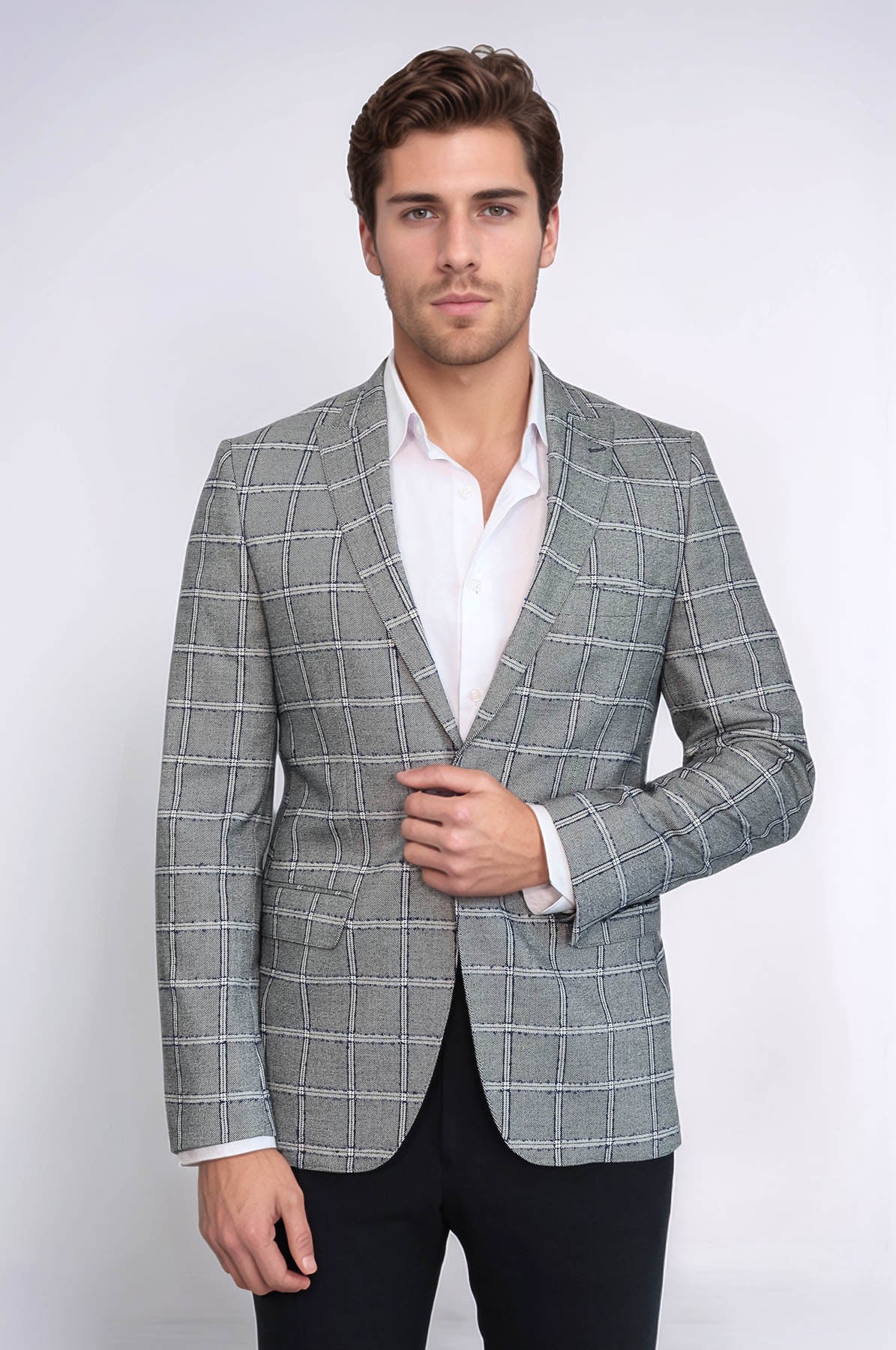 Checked Slim-Fit Grey Men Blazer