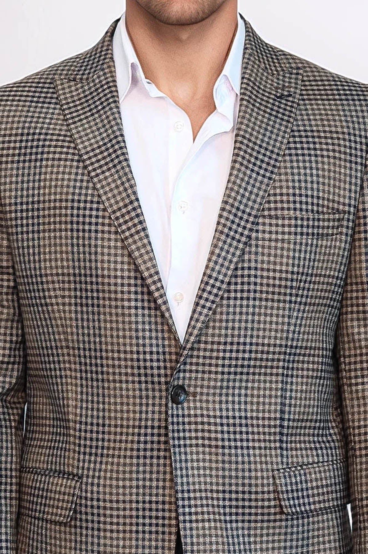 Plaid Slim-Fit Brown Men Blazer