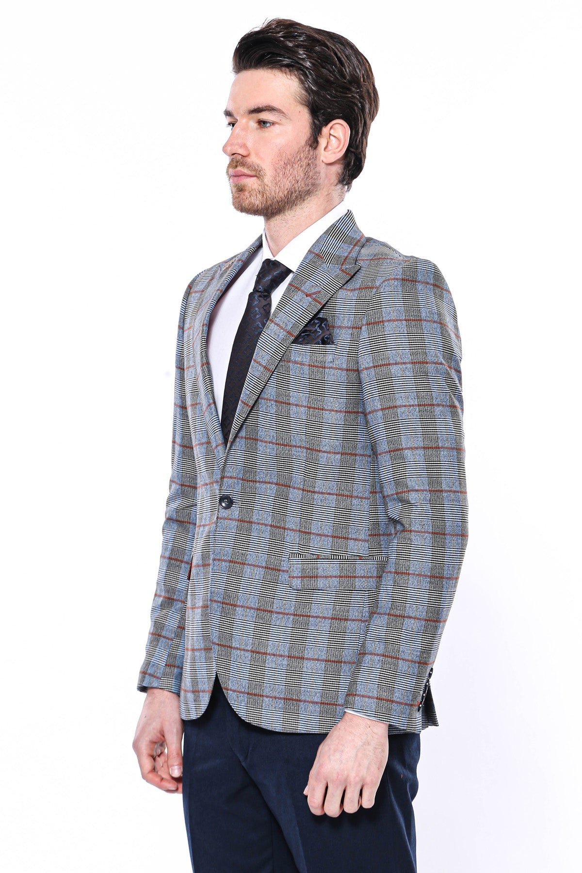 KOALA SYDNEY Checked Single Button Navy Blue Men Blazer