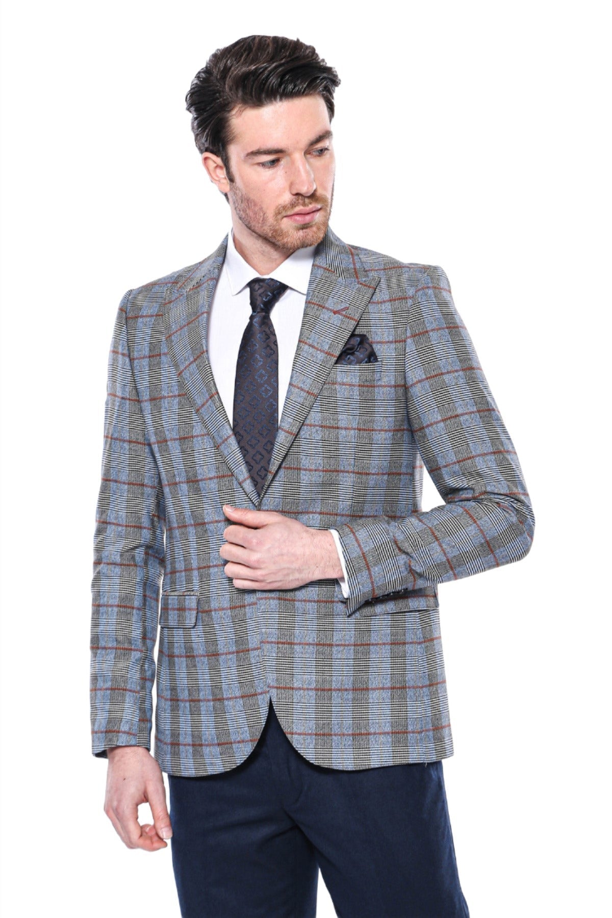 KOALA SYDNEY Checked Single Button Navy Blue Men Blazer