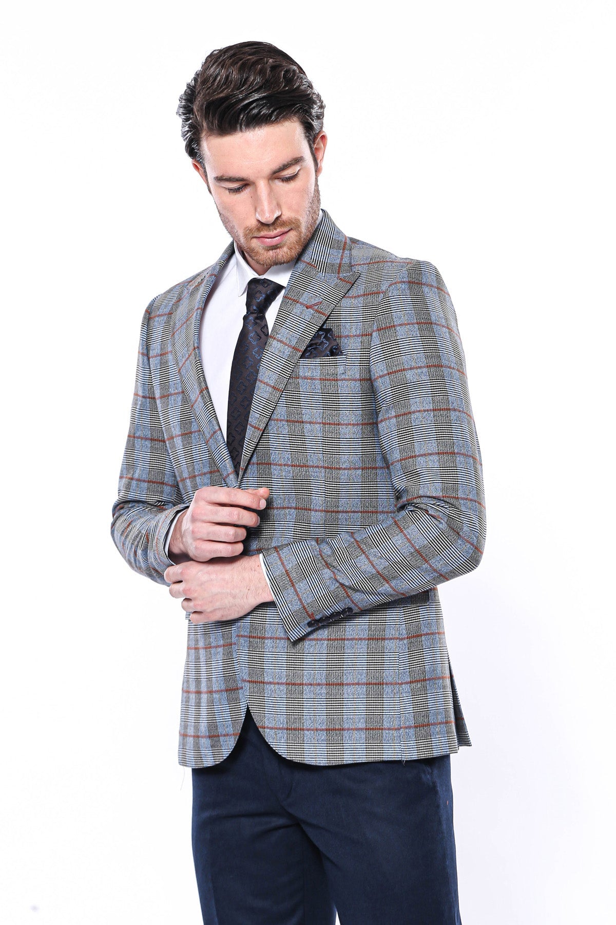 KOALA SYDNEY Checked Single Button Navy Blue Men Blazer