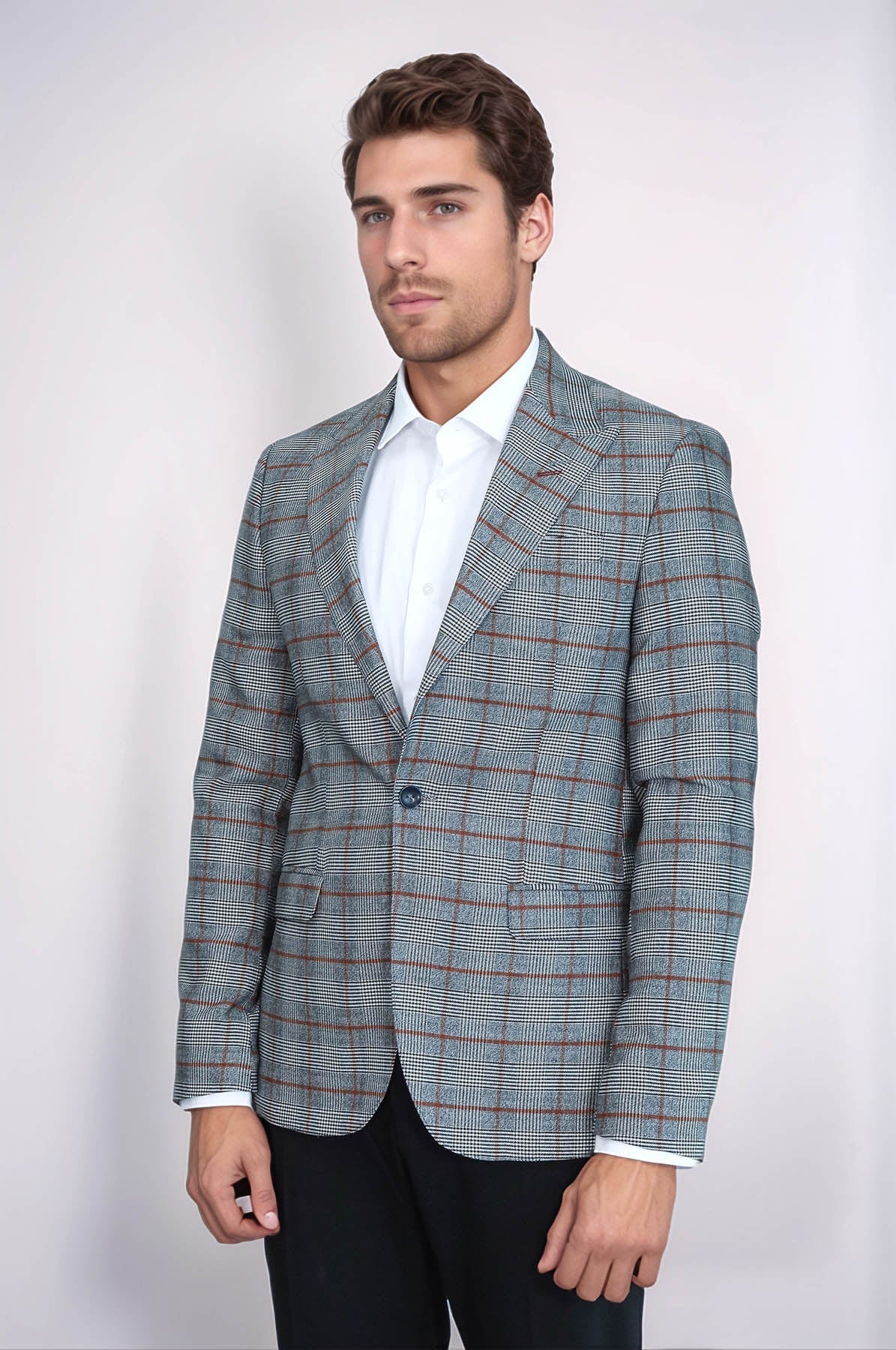 Checked Single Button Brown Men Blazer - Wessi