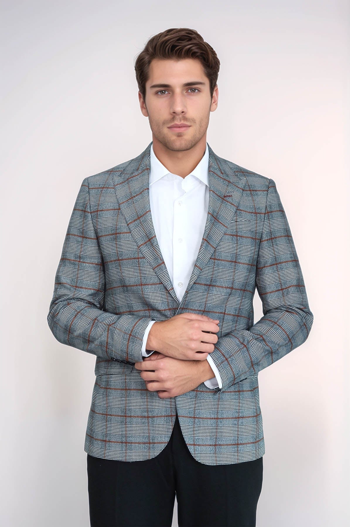 Checked Single Button Brown Men Blazer - Wessi