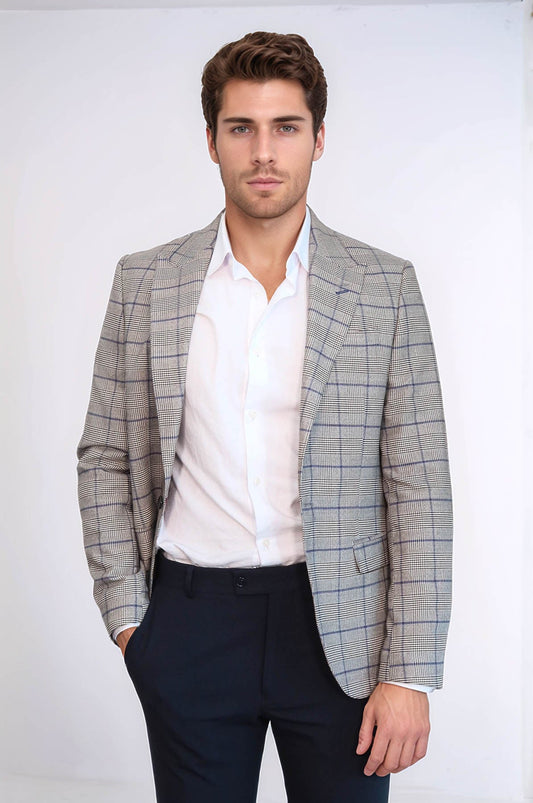 Slim-Fit Checked Beige Men Blazer