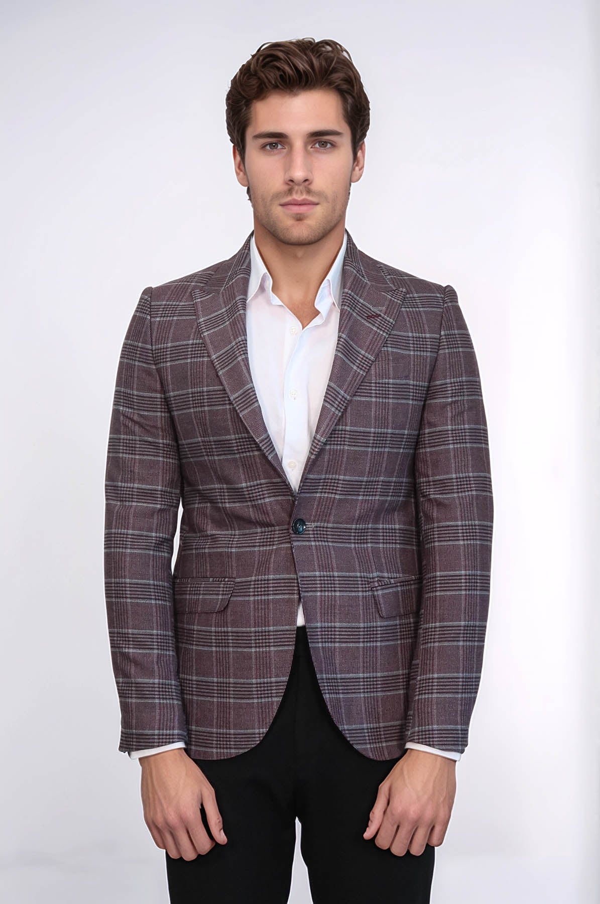 Slim-Fit Checked Burgundy Men Blazer - Wessi