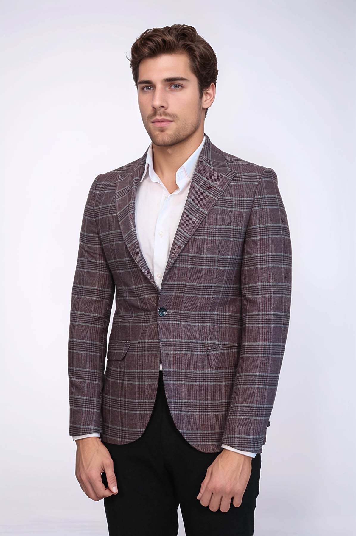 Slim-Fit Checked Burgundy Men Blazer - Wessi